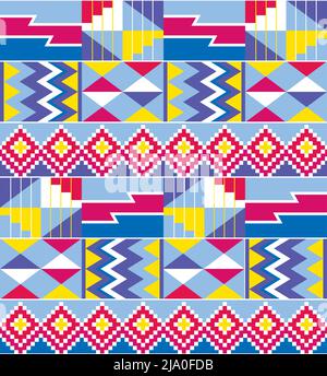 Style tribal africain Kente Cloth nwentoma style textile vector sans couture design bleu, rose et violet, motif géométrique inspiré par Ghana traditio Illustration de Vecteur