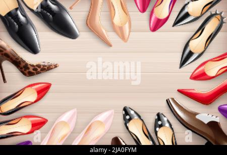 Classic Women hommes chaussures réaliste bois clair fond de sol avec rouge talons hauts pompes illustration vectorielle Illustration de Vecteur