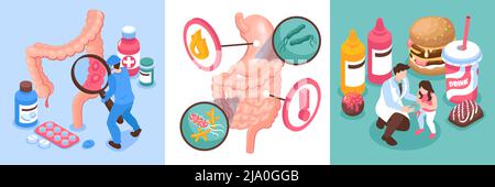 Ensemble de concepts de conception de gastro-entérologie isométrique avec des conséquences nutritionnelles alimentaires rapides helicobacter et illustration du vecteur de traitement Illustration de Vecteur