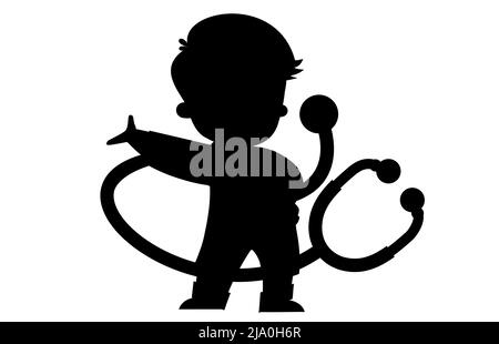 Médecin avec stéthoscope personnage dessin vectoriel, icône de style de dessin animé, silhouette noire Illustration de Vecteur