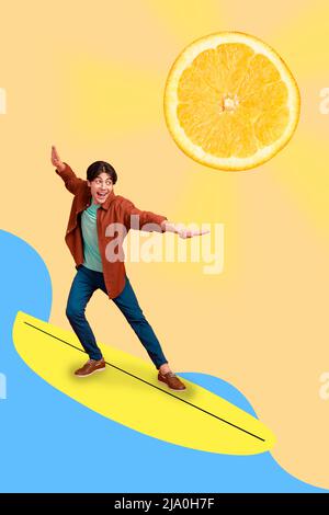 Image créative verticale d'une personne positive sans souci surfant à l'orange au lieu du soleil isolé sur le fond du dessin Banque D'Images