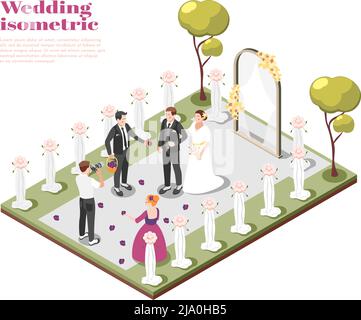 Composition isométrique de mariage avec couple se marient sur l'illustration vectorielle de cérémonie de mariage en plein air Illustration de Vecteur