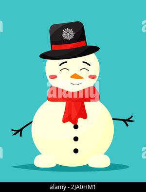 Bonhomme de neige de Noël mignon dans un chapeau, illustration vectorielle plate. Illustration de Vecteur