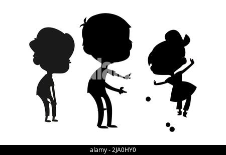 Silhouettes noires de petits enfants jouant un jeu avec des balles, deux garçons et un personnage de dessin animé de fille Illustration de Vecteur