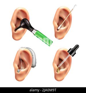 Kit de soin des oreilles pour prothèse auditive réaliste avec images isolées des oreilles humaines avec illustrations vectorielles gouttes et bâtons Illustration de Vecteur