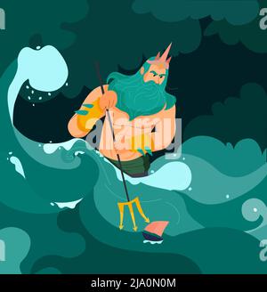 Poseidon grec dieu de la mer avec illustration de vecteur de bande dessinée trident Illustration de Vecteur