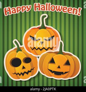 Affiche Happy Halloween Line avec fond vert et trois illustrations vectorielles différentes de citrouilles vivantes Illustration de Vecteur