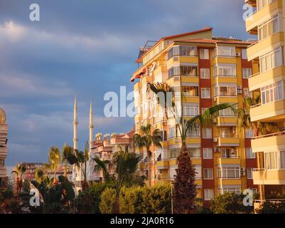 Alanya, turquie, promenade hivernale au bord de la mer méditerranée. Rue turque ensoleillée typique, gratte-ciels, palmiers et une mosquée Banque D'Images