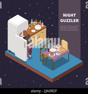 Concept isométrique à motif gloutonneux avec guzzler de nuit pour sortir les aliments du réfrigérateur illustration vectorielle 3d Illustration de Vecteur