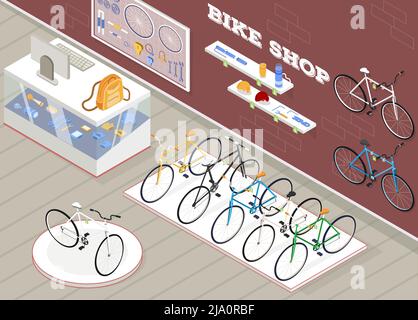 Boutique de vélos fond isométrique avec accessoires et appareils de vélo illustration vectorielle Illustration de Vecteur