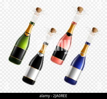 Bouteilles de champagne ensemble réaliste d'images en verre de couleur isolées avec bouchons en liège éclabouteurs sur une illustration vectorielle d'arrière-plan transparente Illustration de Vecteur