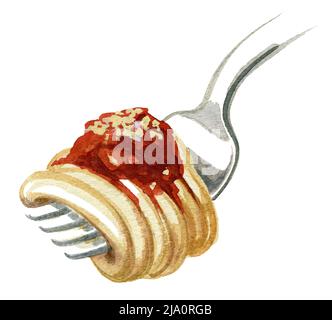 Illustration aquarelle montrant une fourchette avec des nouilles spaghetti et de la sauce tomate dans le dos blanc Banque D'Images