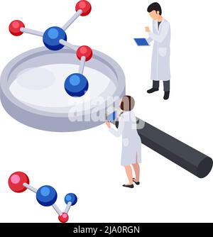 Icône de concept de technologie future avec loupe isométrique de caractères humains et illustration de vecteur de molécules Illustration de Vecteur