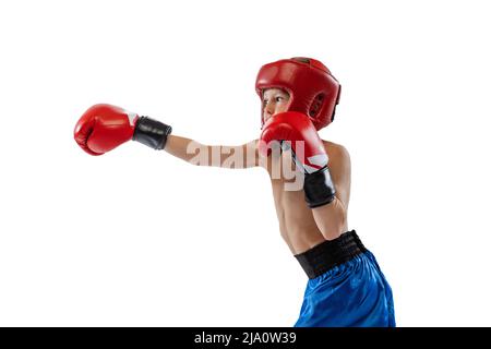 Portrait d'un petit garçon, d'un enfant dans des gants de boxeur et un short d'entraînement isolés sur fond blanc de studio. Concept du sport, du mouvement, de l'étude Banque D'Images