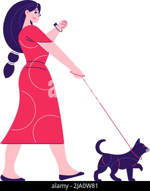 Homme femme composition quotidienne de routine avec le caractère de la femme marchant son chien vecteur illustration Illustration de Vecteur