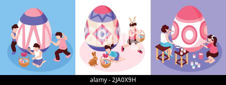 Easter Isomistric design concept ensemble de trois compositions carrées avec adultes et enfants petits caractères peinture gros oeufs illustration vectorielle Illustration de Vecteur