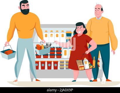 Composition de supermarché avec des personnages humains d'acheteurs debout à l'épicerie réfrigérateur avec paniers illustration vectorielle Illustration de Vecteur