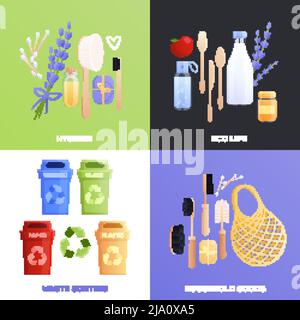 Kit de compositions 2 x 2 Eco goods avec images plates isolées d'objets de tous les jours recyclables avec illustration vectorielle de texte modifiable Illustration de Vecteur