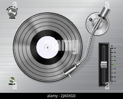 Disque vinyle lecture sur platine lecteur gros plan vue du dessus réaliste noir blanc rétro image vecteur illustration Illustration de Vecteur