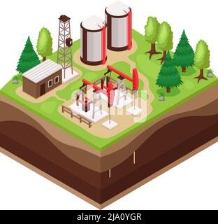 Composition isométrique des ressources naturelles de l'environnement terrestre avec illustration vectorielle de la vue du site d'extraction de pétrole Illustration de Vecteur