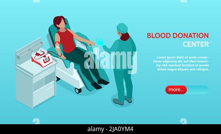 Bannière web isométrique horizontale du centre de don de sang avec une infirmière qui instruit le donneur dans l'illustration du vecteur de chaise inclinable Illustration de Vecteur