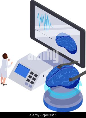 Future technologie icône isométrique avec équipement informatique du cerveau humain et illustration de vecteur de caractère Illustration de Vecteur