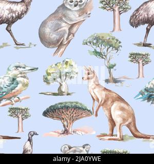 Animaux Australie illustration graphique dessin à la main koala ostrich emu isolé sur fond blanc ensemble Banque D'Images