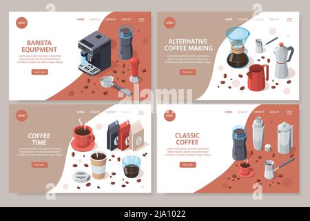Ensemble d'équipements pour le café professionnel de barista de cartes de site Web isométriques avec tasses et paquets de machine à café illustration vectorielle Illustration de Vecteur