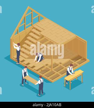 Structure modulaire bâtiment composition isométrique avec des personnages de travailleurs et vue de la maison de vie en construction illustration vectorielle Illustration de Vecteur