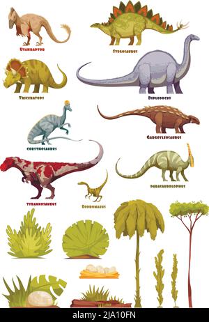 Différents types de dinosaures dans le style de dessin animé avec le nom de la classe et la flore éléments de paysage isolé illustration vectorielle Illustration de Vecteur