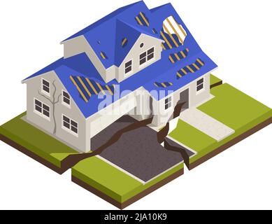 Catastrophes naturelles composition isométrique avec vue de la maison fissurée par l'illustration du vecteur de rupture de la terre Illustration de Vecteur