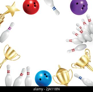 Composition réaliste de cadre de bowling avec boules de pins et des images de récompense d'étoile de coupe dorée entourant l'illustration de vecteur d'espace vide Illustration de Vecteur