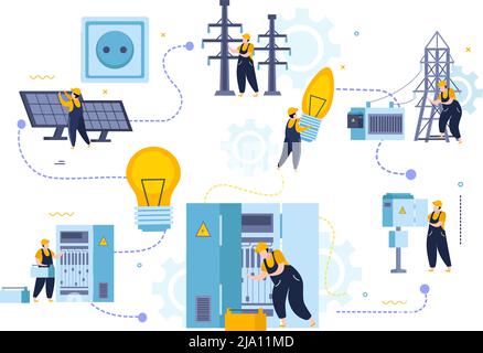 Composition plate de l'électricité et de l'éclairage avec des personnages de ferrures électriques avec des panneaux d'alimentation et des éléments d'infrastructure illustration vectorielle Illustration de Vecteur