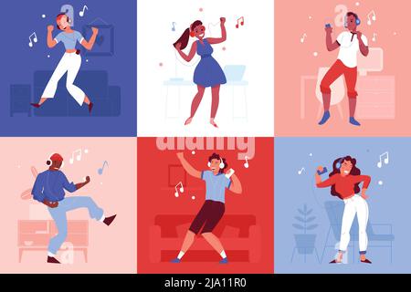 Dancing personnes avec casque et smartphones design ensemble de six carrés de couleur plate compositions illustration vectorielle Illustration de Vecteur