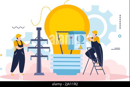 Composition de fond plat d'électricité et d'éclairage avec des personnages d'électriciens avec équipement de ligne de puissance et illustration de vecteur de lampe Illustration de Vecteur