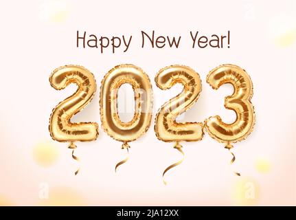 2023 vacances de décoration dorée sur fond rose. Arrière-plan de fête brillant. Ballons en feuille d'or numeral 2023 et confetti. Bonnes vacances pour la nouvelle année 2023. Illustration de Vecteur