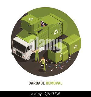 Élimination des déchets composition ronde avec des personnes dans le chargement uniforme de la litière dans le camion pour le recyclage illustration vectorielle Illustration de Vecteur