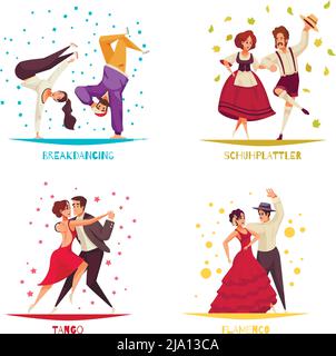 Journée internationale de danse 2 x 2 concept ensemble de breakdance flamenco tango plat compositions illustration vectorielle Illustration de Vecteur