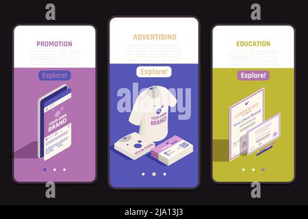 Auto-promotion stratégies de marque isométriques écrans mobiles ensemble avec éducation marketing diplôme image vectorielle d'identité d'entreprise Illustration de Vecteur