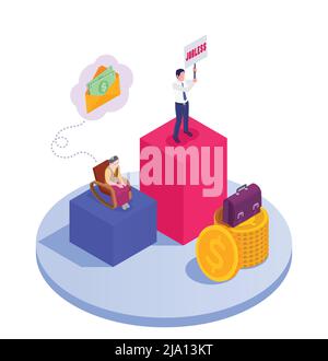 Sécurité sociale chômage prestations familiales composition isométrique avec des piles de pièces de monnaie en espèces dans des enveloppes et des illustrations vectorielles de personnes Illustration de Vecteur