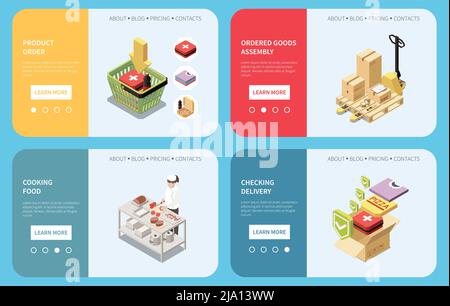 Banderoles horizontales isométriques avec produit commander son assemblage vérifier la livraison et la cuisine de caractère alimentaire 3D illustration vectorielle isolée Illustration de Vecteur