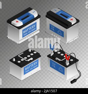 Batterie rechargeable automobile 4 pièces voiture ensemble isométrique vecteur transparent illustration d'arrière-plan Illustration de Vecteur