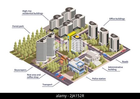 Infographies de ville moderne de couleur isométrique avec des bâtiments étiquetés poste de police routes forêt parc illustration vectorielle 3d Illustration de Vecteur