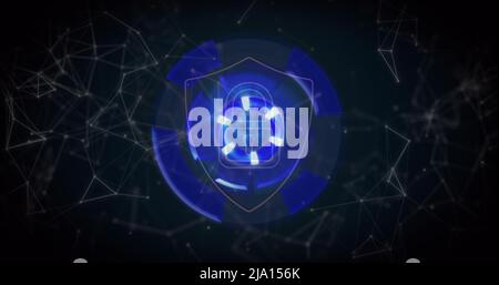 Illustration de l'écran avec cadenas numérique sur cercle bleu sur fond noir Banque D'Images