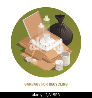 Déchets pour le recyclage composition ronde avec carton plastique métallique sachet de déchets isométriques icônes illustration vectorielle Illustration de Vecteur