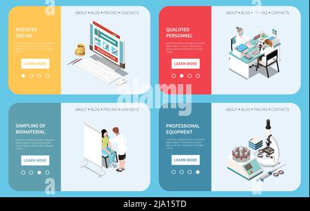 Service de diagnostic de laboratoire ensemble isométrique de quatre bannières horizontales avec médecins patients et microscope avec boutons illustration vectorielle Illustration de Vecteur