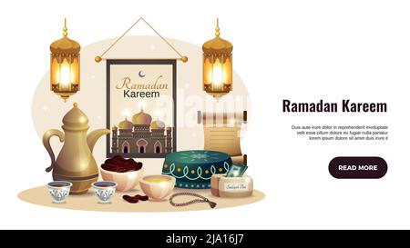 Bannière horizontale de Ramadan kareem avec lanternes brillantes et illustration traditionnelle du vecteur alimentaire iftar Illustration de Vecteur