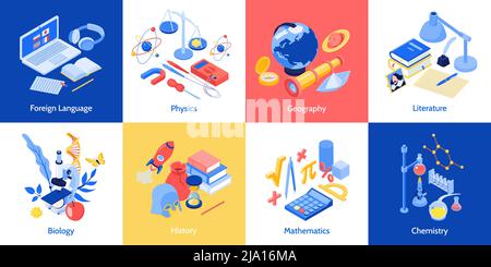 Concept de conception d'éducation scolaire isométrique avec ensemble de compositions carrées représentant différents sujets avec illustration vectorielle de texte modifiable Illustration de Vecteur