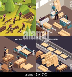 Quatre ensembles d'icônes isométriques de production de meubles avec l'abattage des matériaux de fabrication et des descriptions d'assemblage illustration vectorielle Illustration de Vecteur