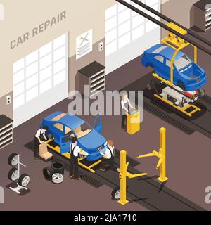 Entretien de réparation automobile station d'autoservice composition isométrique colorée avec les employés changer les roues à une illustration vectorielle d'atelier de réparation automobile Illustration de Vecteur